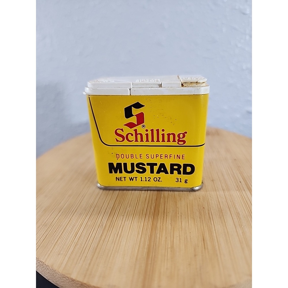 Schilling MUSTARD 1.12 oz spice tin,‎ empty tin, Great colors, Baltimore 1974